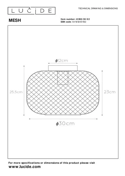 Lucide MESH - Plafonnière - Ø 30 cm - 1xE27 - Mat Goud / Messing - technisch